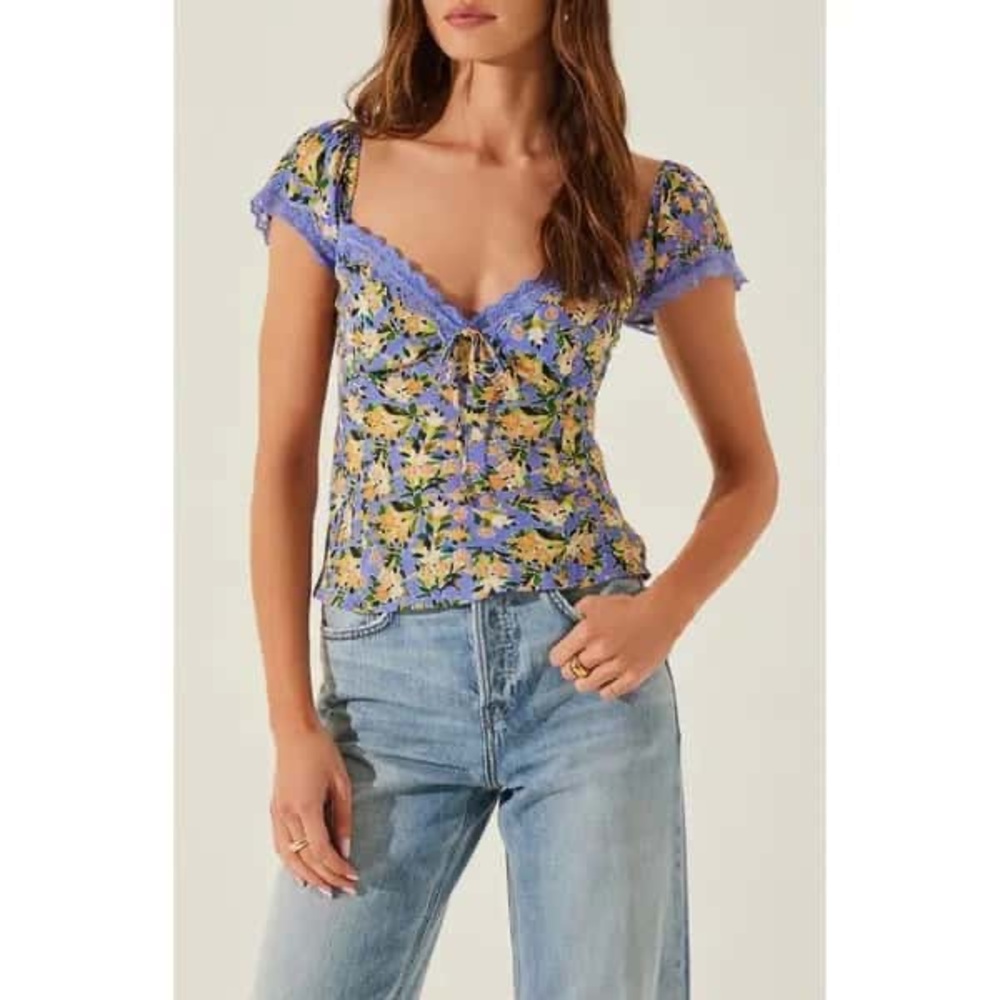 Astr Blue and Yellow Floral Lace Blouse